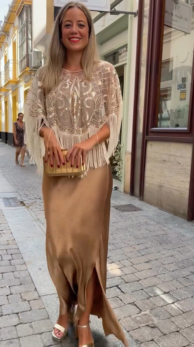 Party Ready Sequin Fringe Cape Satin Dress