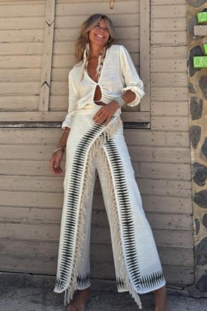 Elar Contrast Black Fringe Pants Set