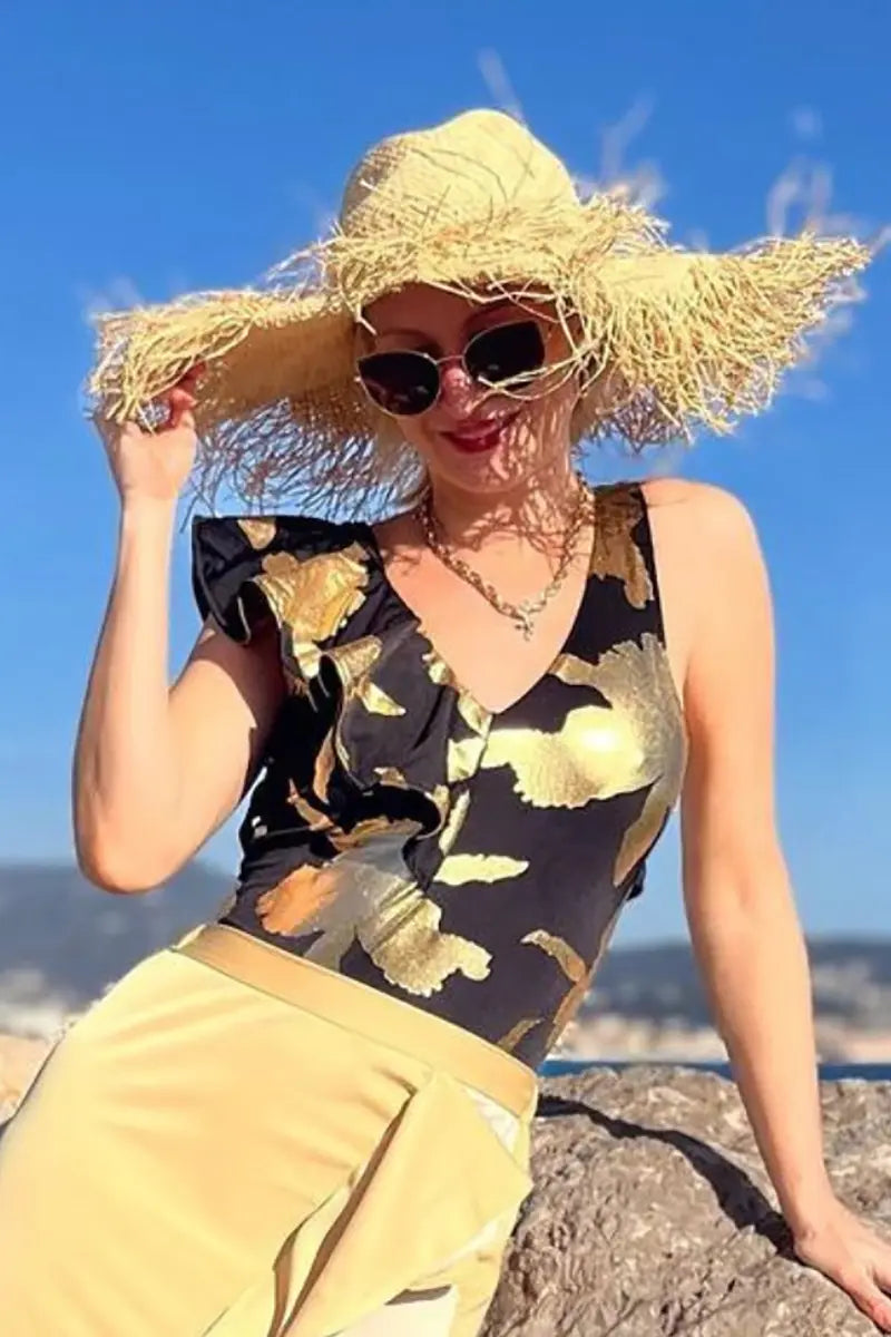 Foil Print Deep V Ruffle One Piece Swimsuit