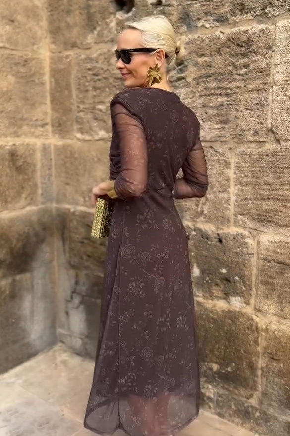 Luxury Brown Tulle Midi Dress