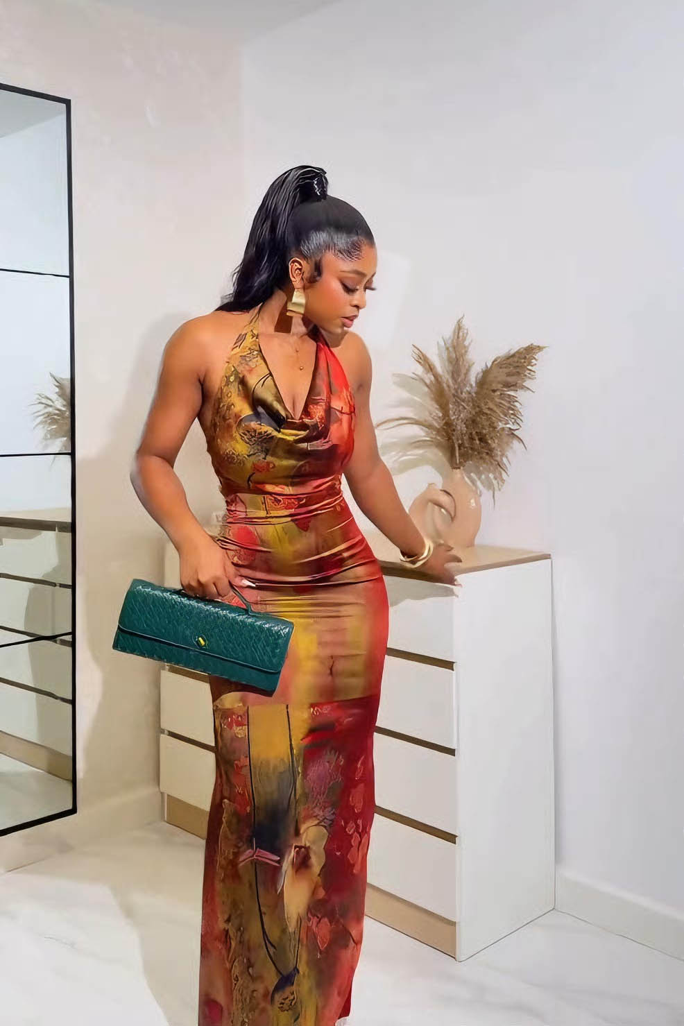 Fiery Floral Robe & Bodycon Maxi Dress Set