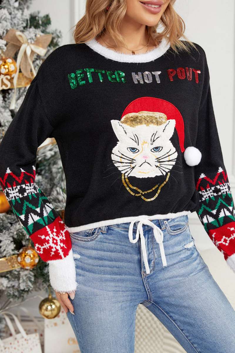 Ležérní Flitrový svetr s kulatým výstřihem pro kočky