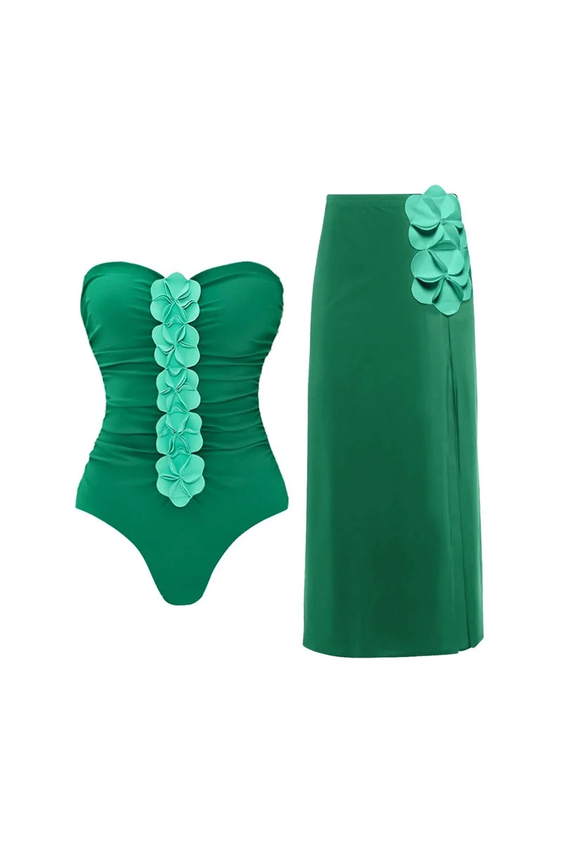 Green 3D Floral Strapless Swimsuit