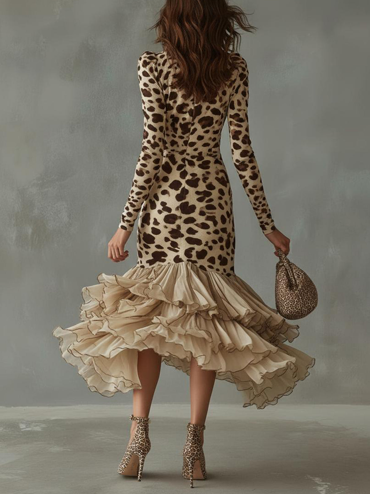 Vestido midi asimétrico con volantes y estampado de leopardo