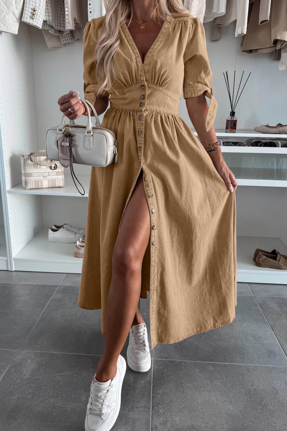 Minimalist V-Neck Buttoned Denim Gown