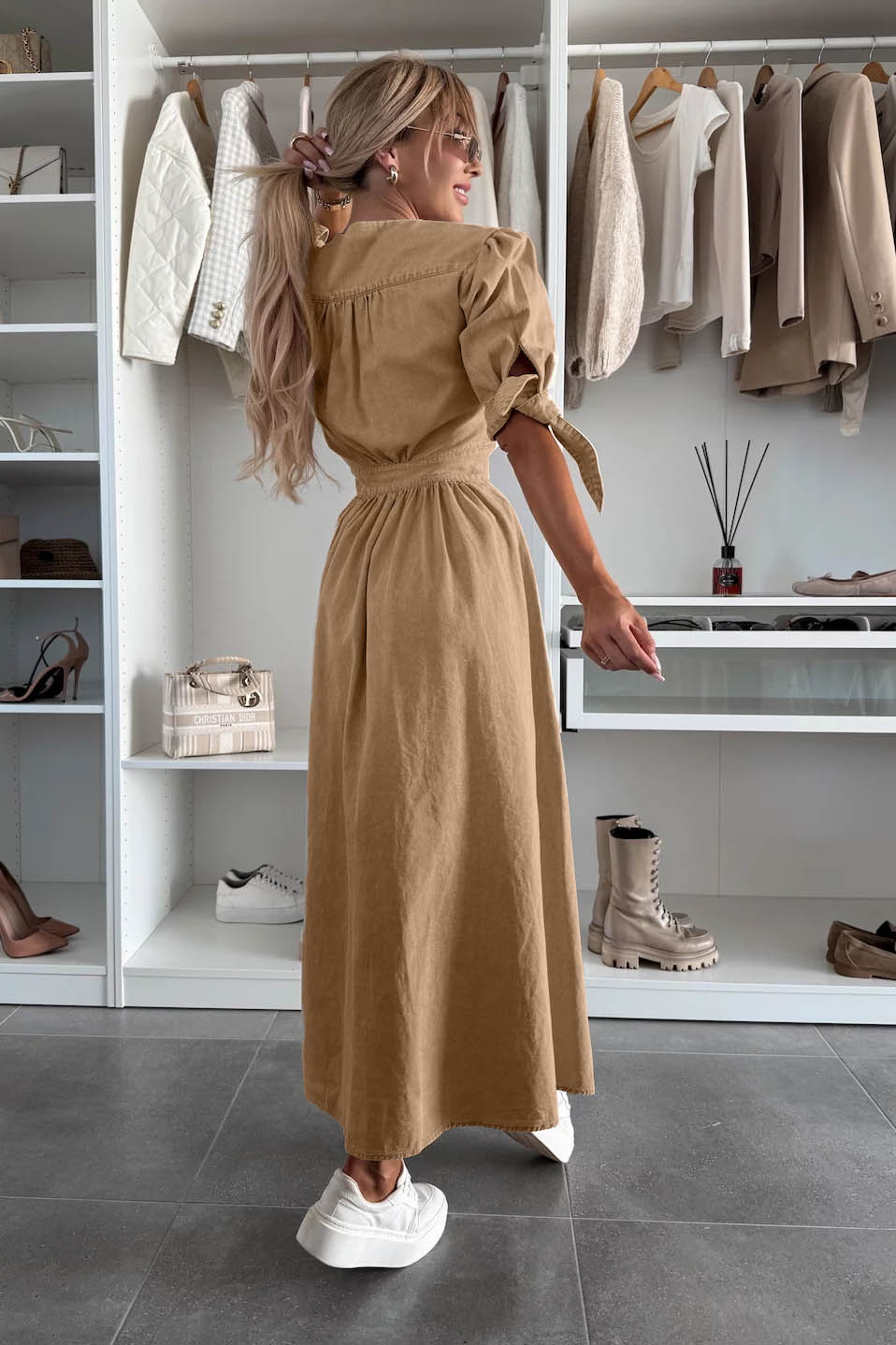 Minimalist V-Neck Buttoned Denim Gown