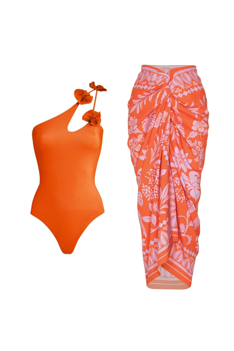 Floral One Shoulder Cutout Swimsuit Set