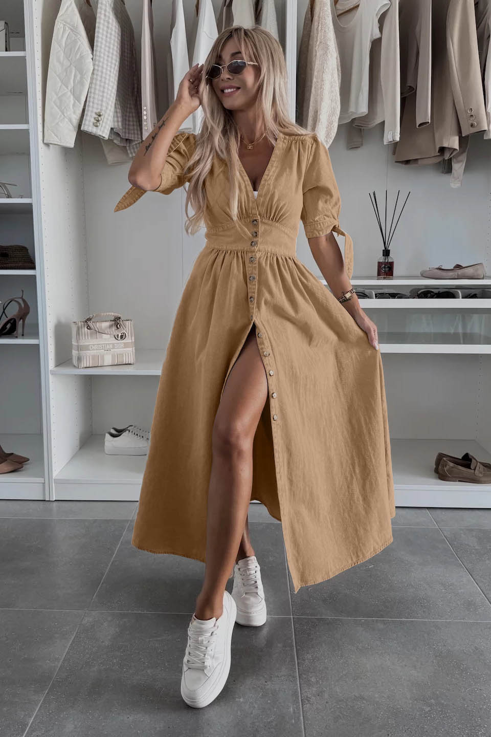 Minimalist V-Neck Buttoned Denim Gown