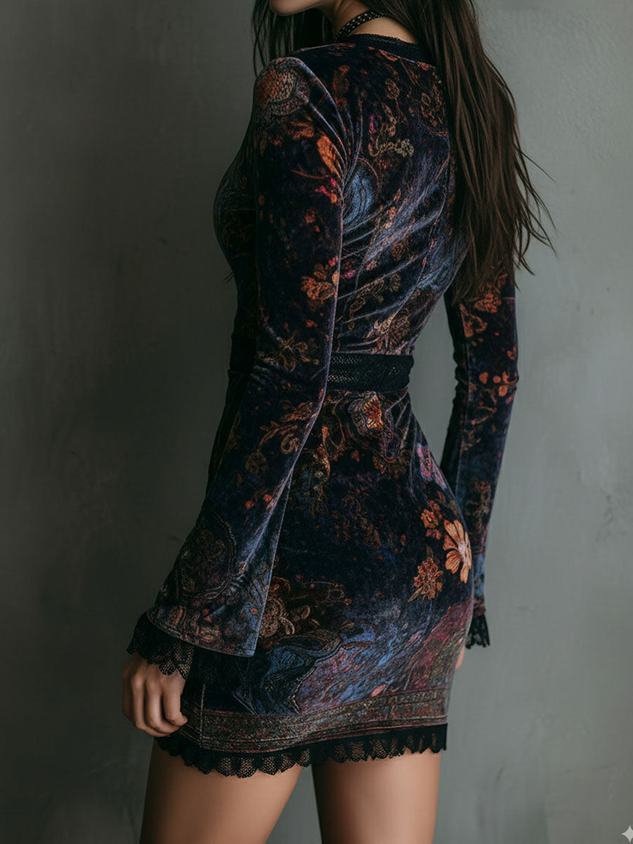Rochie mini bodycon din catifea cu imprimeu floral boho, decolteu în V și dantelă decorativă