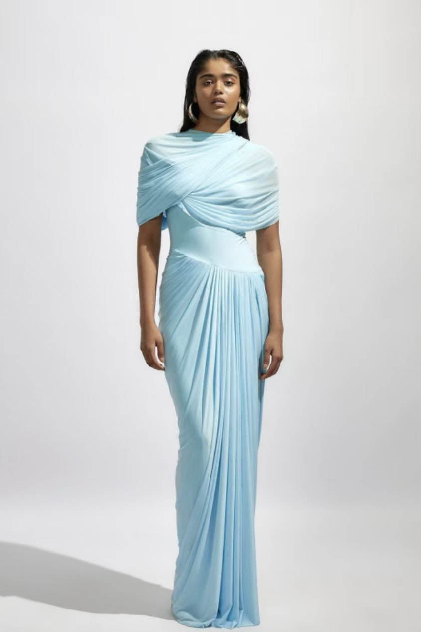 drape ruched dress Sleeveless Draped Gown with Ruched Bodice D5012