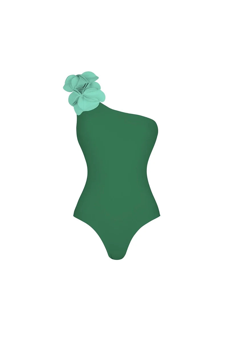 Green One-Shoulder 3D Floral Swimsuit
