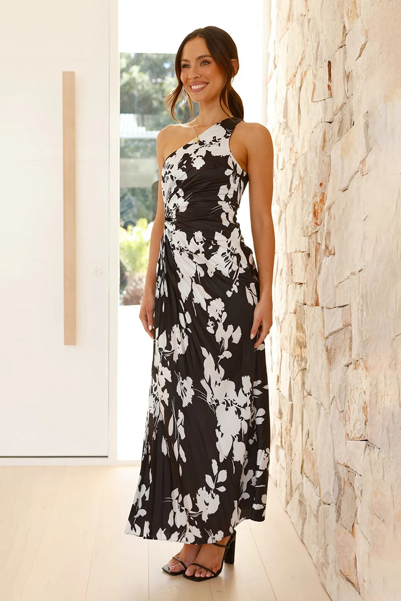 Robe longue Laken - Motif floral noir/blanc