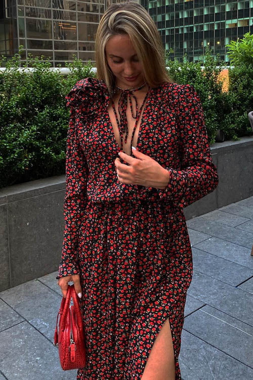 Abito midi con scollo a V e fiori Bertha