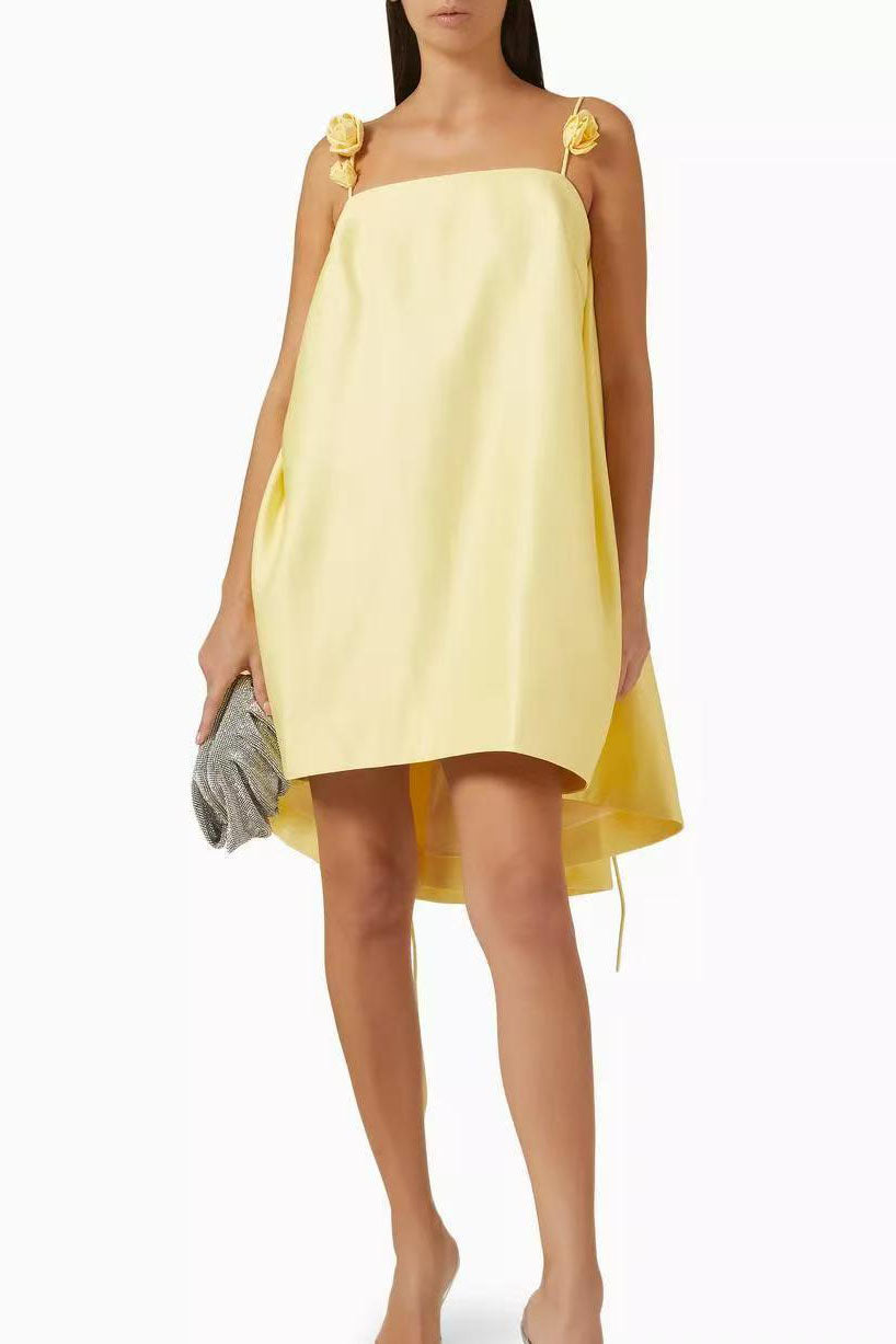 Yellow 3D Floral Loose Fit Short Dress