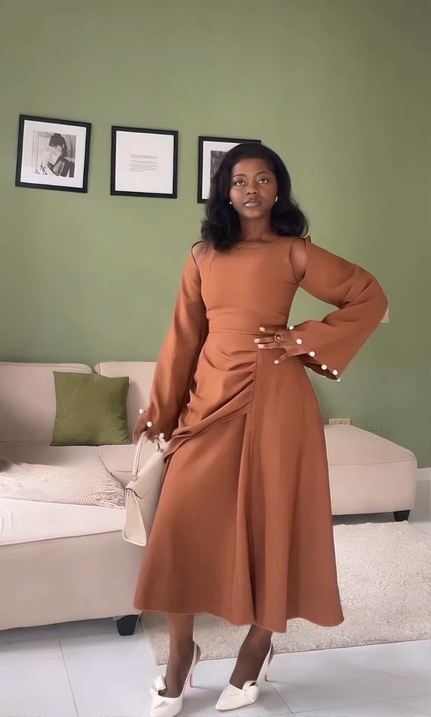 Pearl-Trimmed Asymmetric Pleated Midi Dress