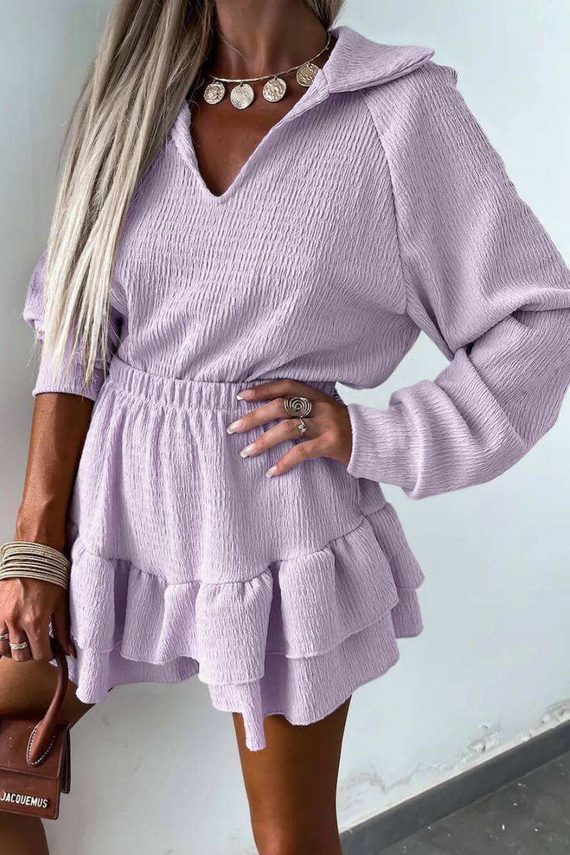 Ensemble deux pièces chemise et jupe-short évasée à col en V pour femme