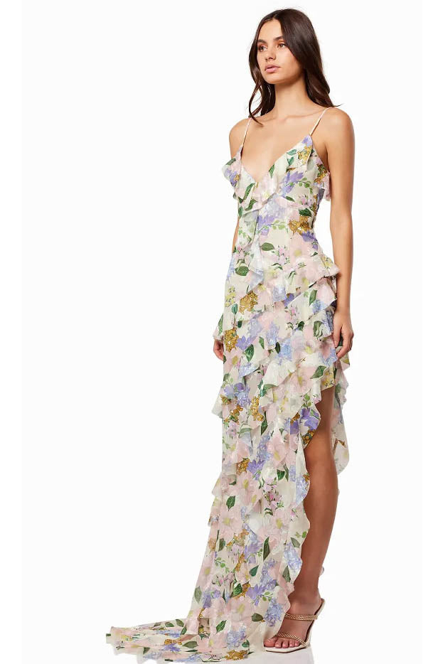open lace back dress Jacquard Strapless Dress with Overskirt and Organza Flower Blue / FR 54
