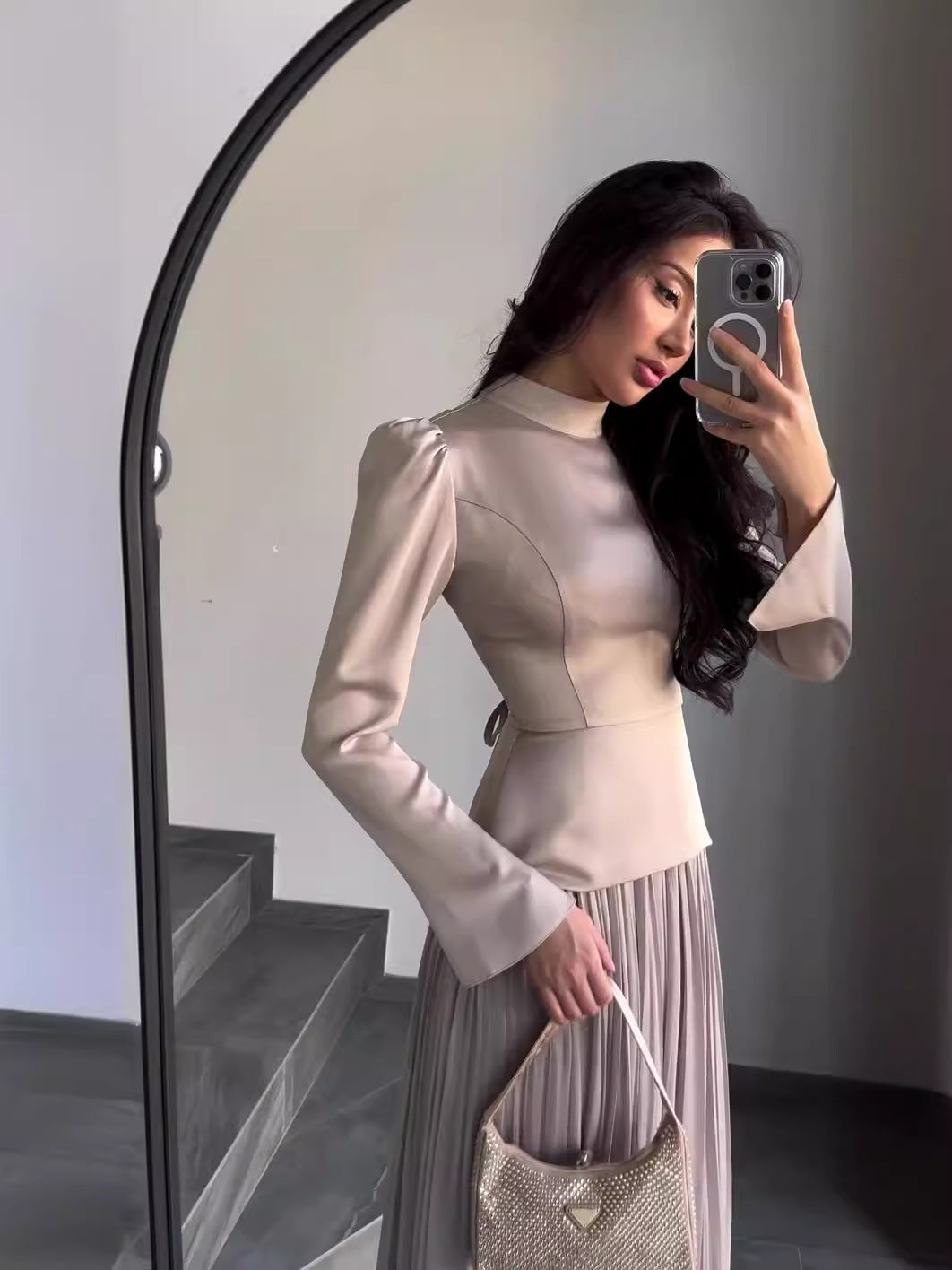 カラーブロックスプライシングスリムフィットレースアップ長袖マキシドレス