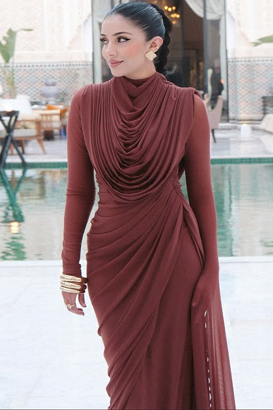 Sophisticated Terracotta Pleated Maxi Dress