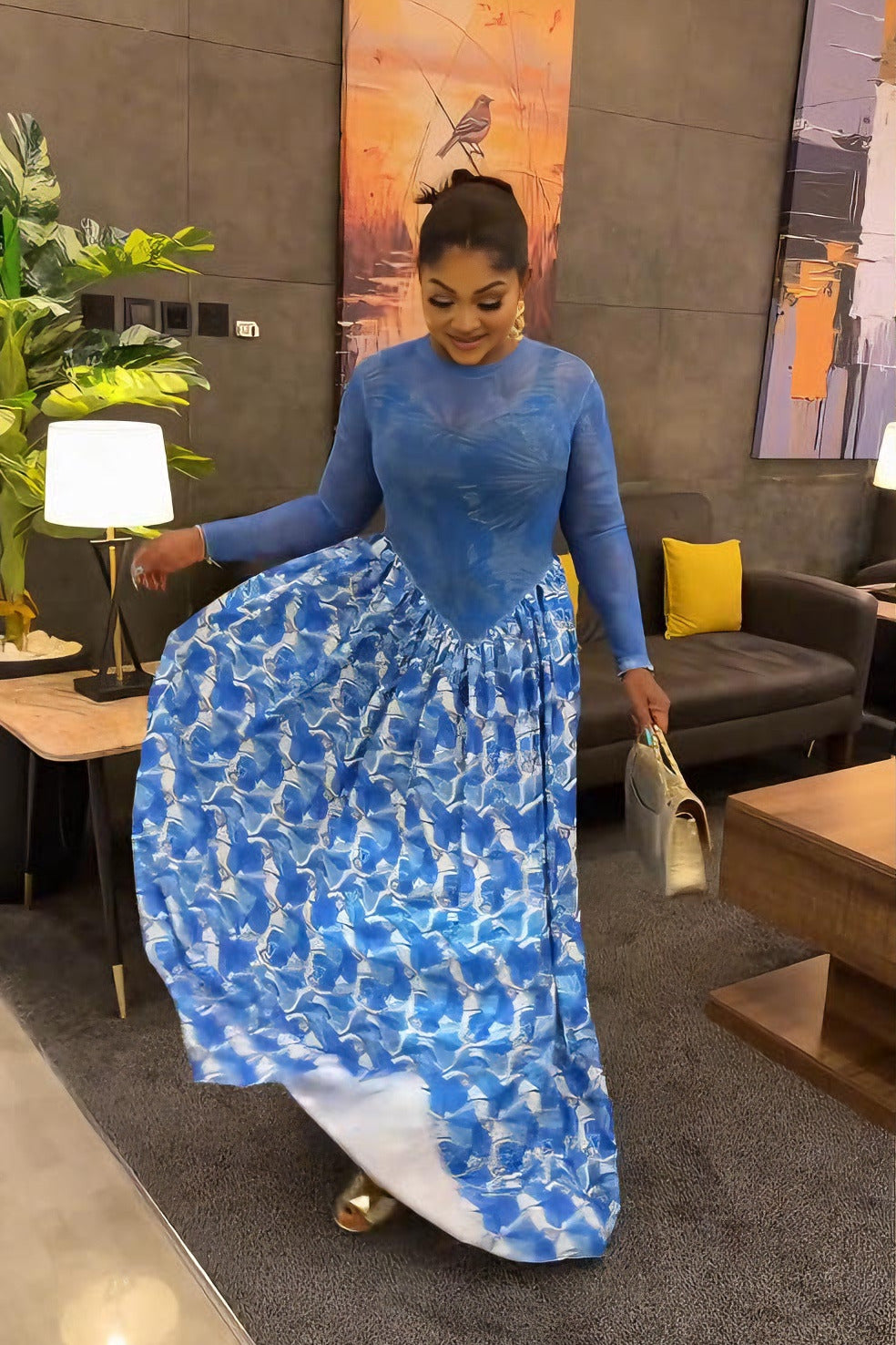 Oceanic Abstract Pleated Maxi Dress