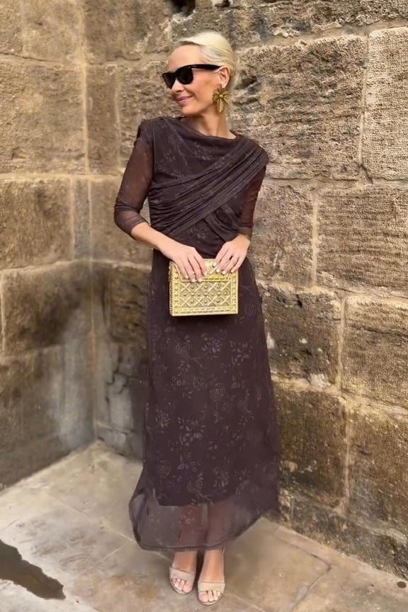 Luxury Brown Tulle Midi Dress