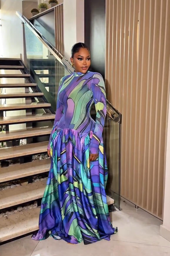 Blue Art-Paint Inspired Maxi Dress