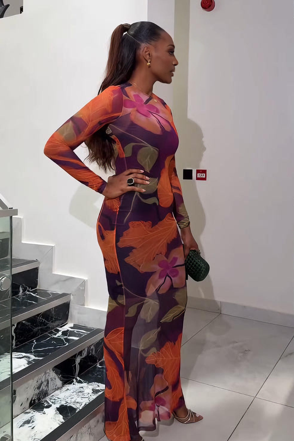 Luxury Floral High-Neck Mermaid Maxi Dress