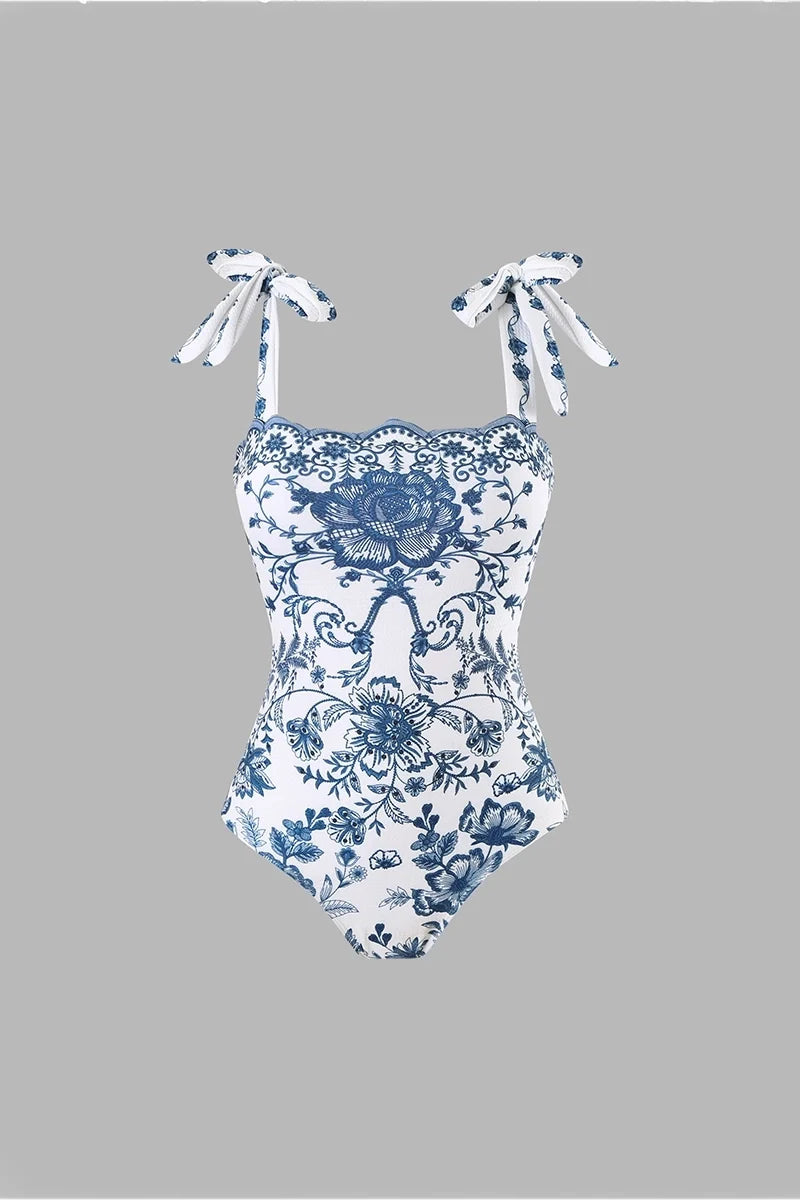 Floral Bow Tie One-Piece Swimsuit Set