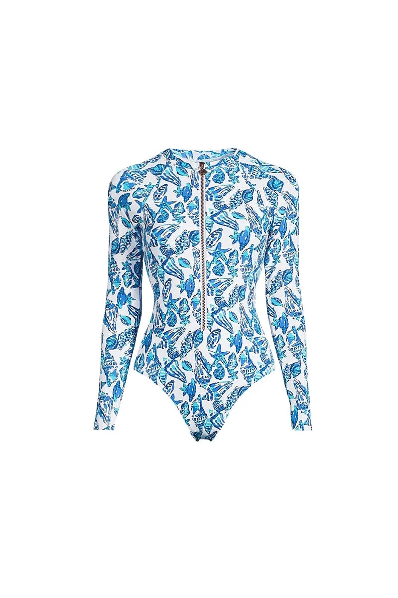Green Zip-Up Floral Surf Swimsuit Set