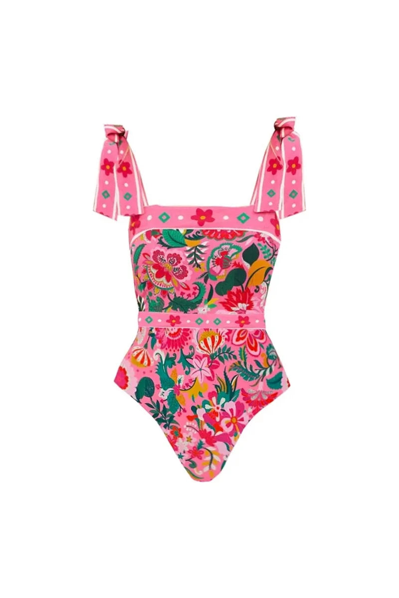 Floral Bowknot Tie One-Piece Swimsuit