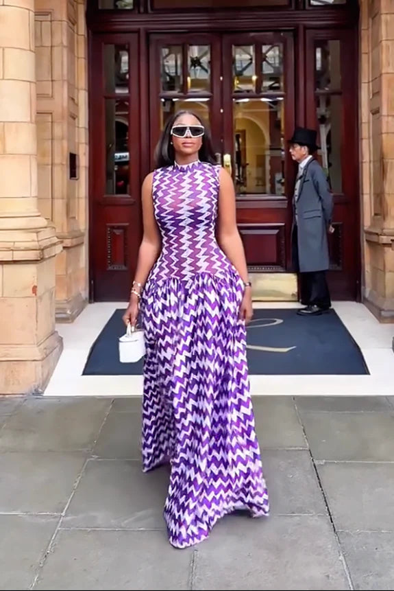 knee length dresses for ladies Purple Floral Printed High Neck Draped Sleeveless Maxi Dress main image 1
