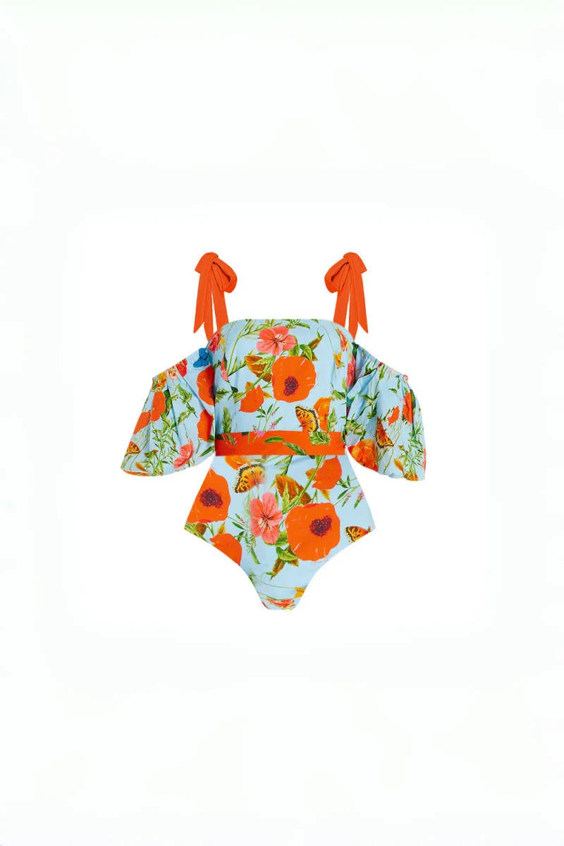 Floral Puff Sleeve Bandeau One-Piece Swimsuit