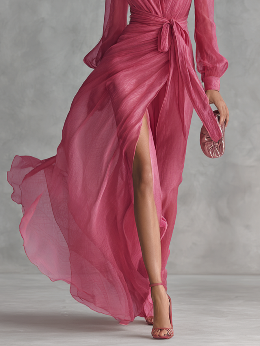 Elegant perle chiffon maxi-kjole med V-hals