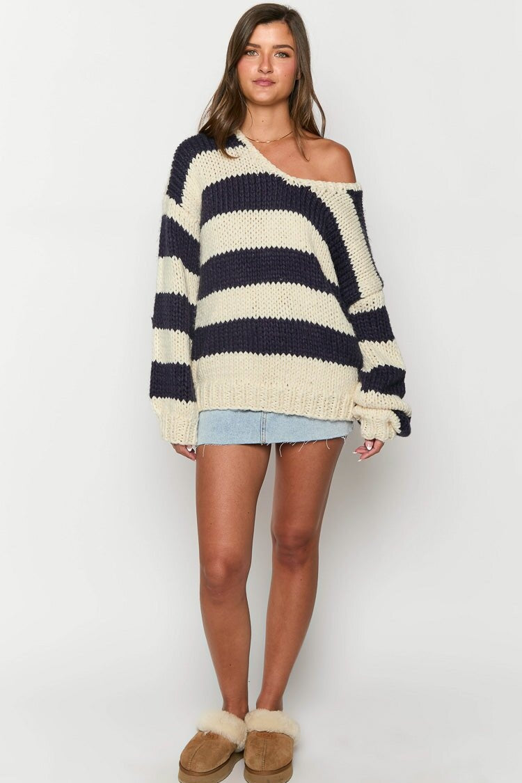 Off-shoulder gestreepte trui