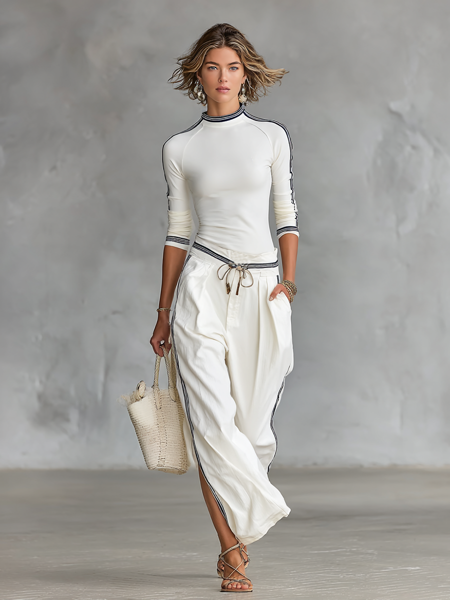Damen-Sport-Set mit langärmligem T-Shirt mit halbem Stehkragen und Kordelzug-Weitbein-Hose