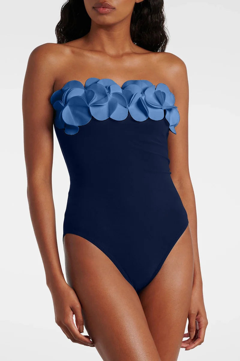 Blue 3D Floral Strapless Swimsuit