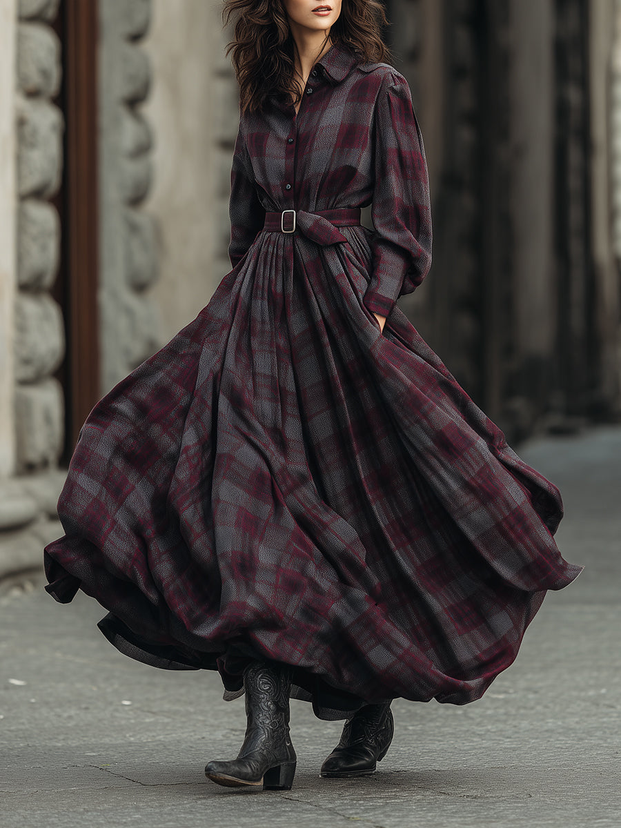 Robe longue élégante rétro à carreaux avec manches lanterne et ceinture