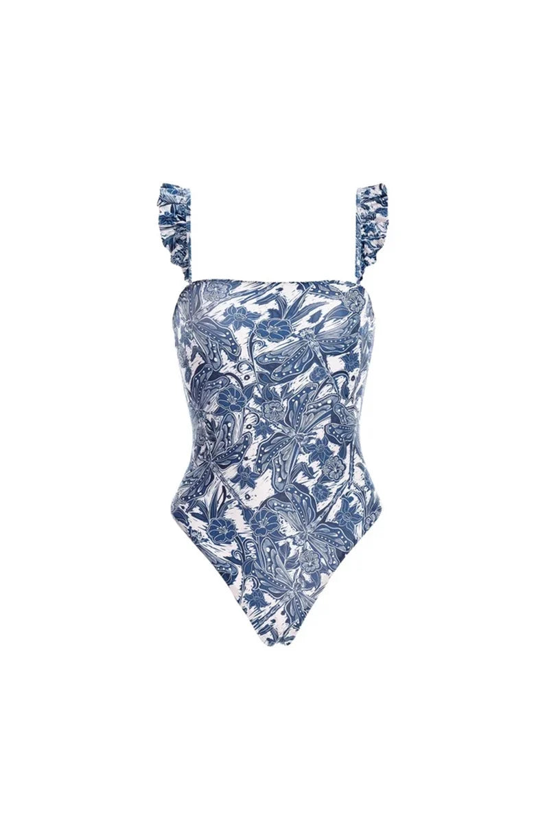 Blue Dragonfly Ruffle One-Piece Swimsuit