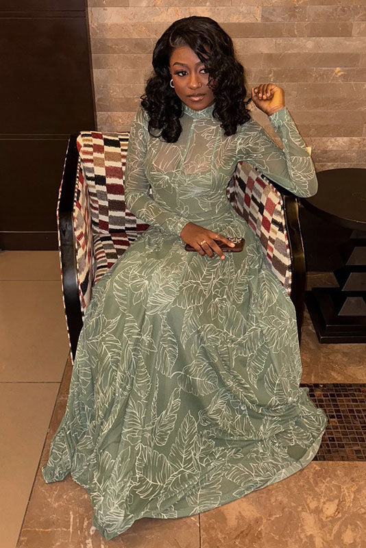 Havblå Plisseret Blonde Maxi Kjole