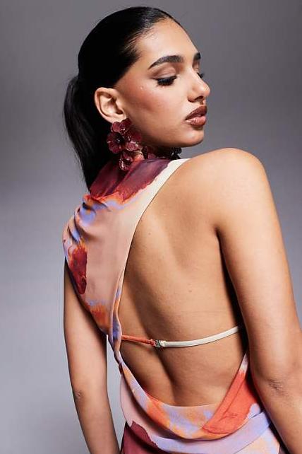 Red Peach Ink Painting Maxi Dress