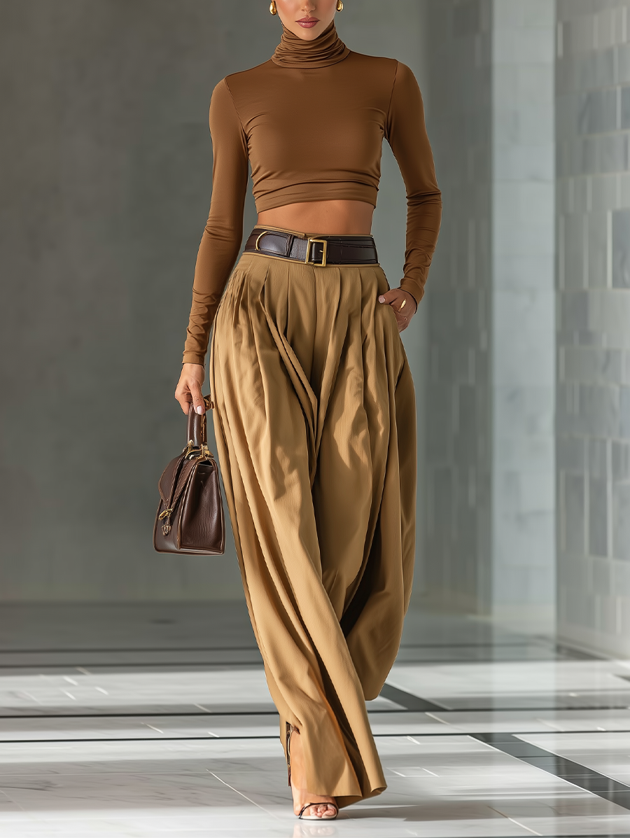 Conjunto para mujer de top marrón mezclado y pantalones de pierna ancha