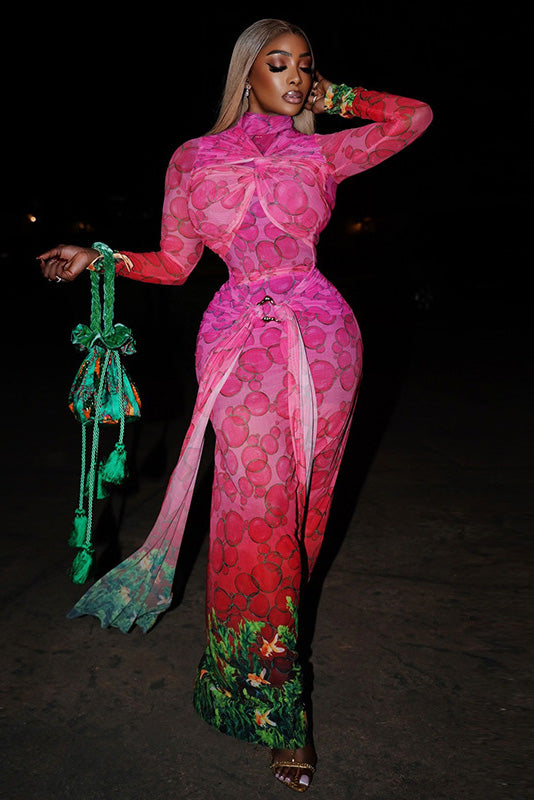 African Bubble Print Sheer Maxi Dress