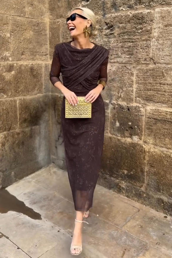 Luxury Brown Tulle Midi Dress