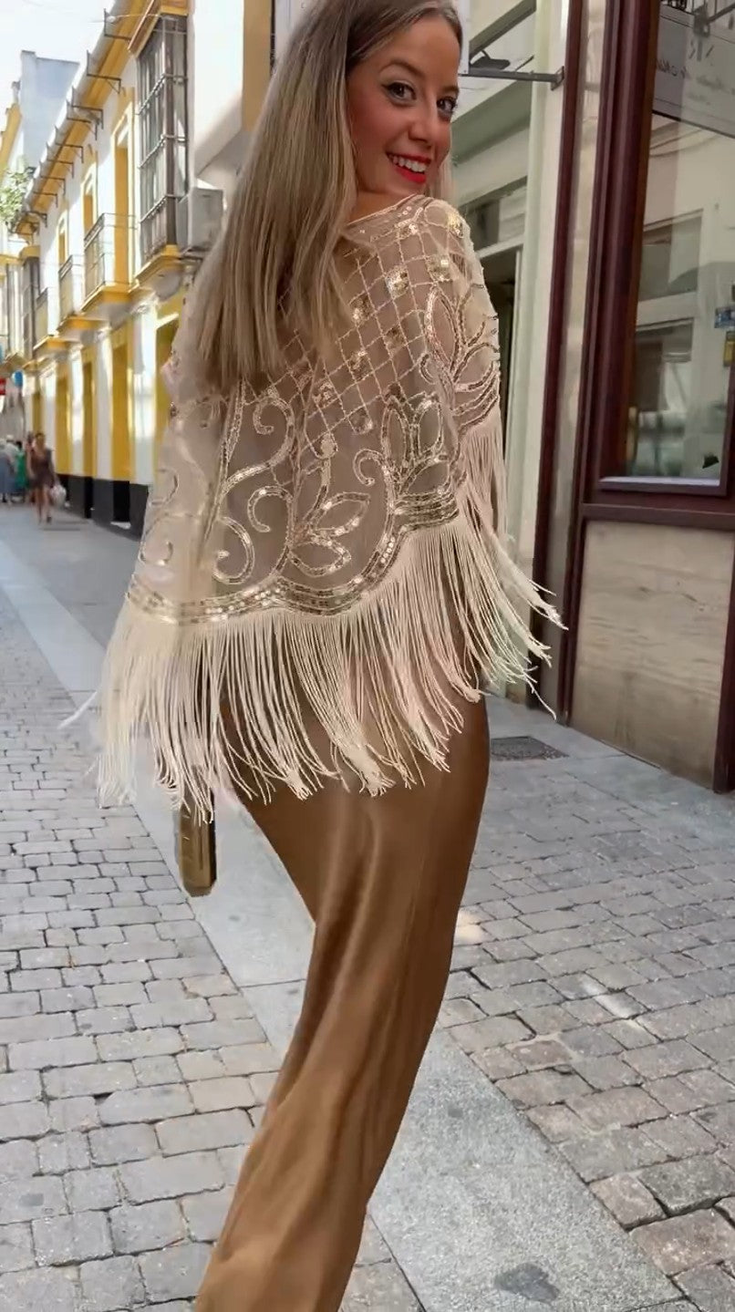 Party Ready Sequin Fringe Cape Satin Dress