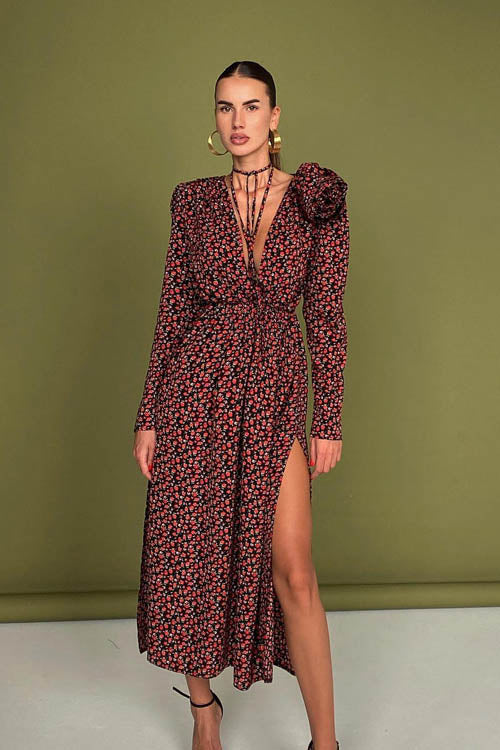 Abito midi con scollo a V e fiori Bertha