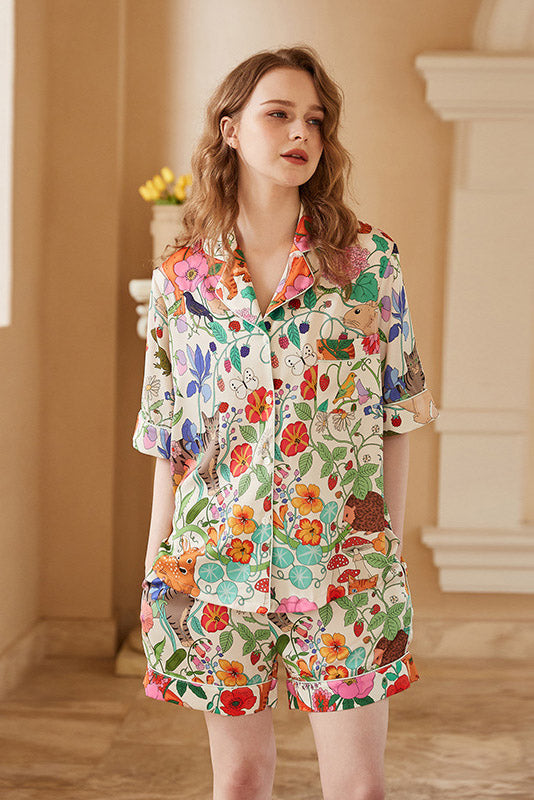 Ensemble de vêtements d'intérieur court en soie glacée à imprimé Forest Garden blanc