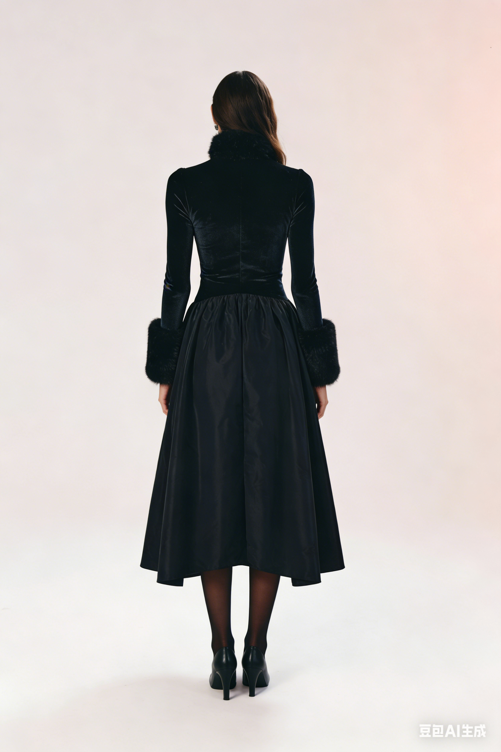 Opulent Velvet Satin Fur-Cuff Midi Dress