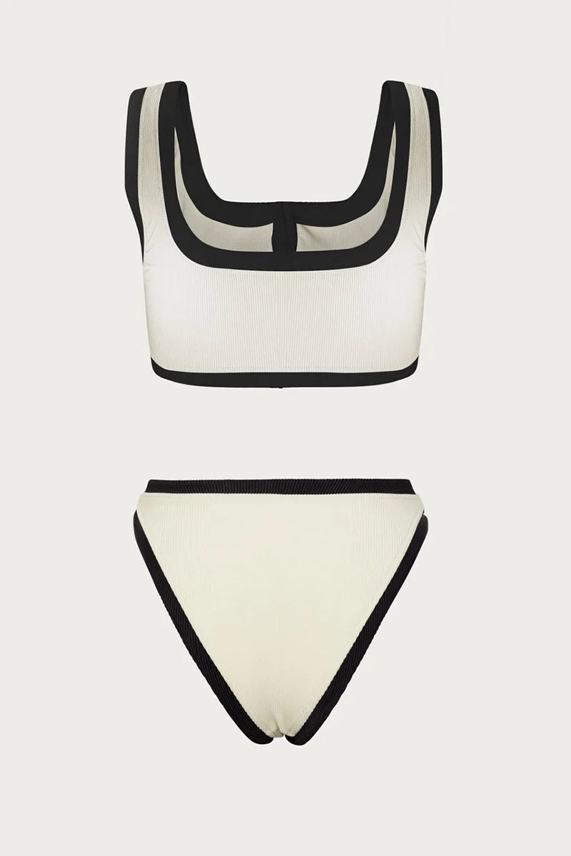 Elegant Contrast Button Detail Two-Piece Swimsuit