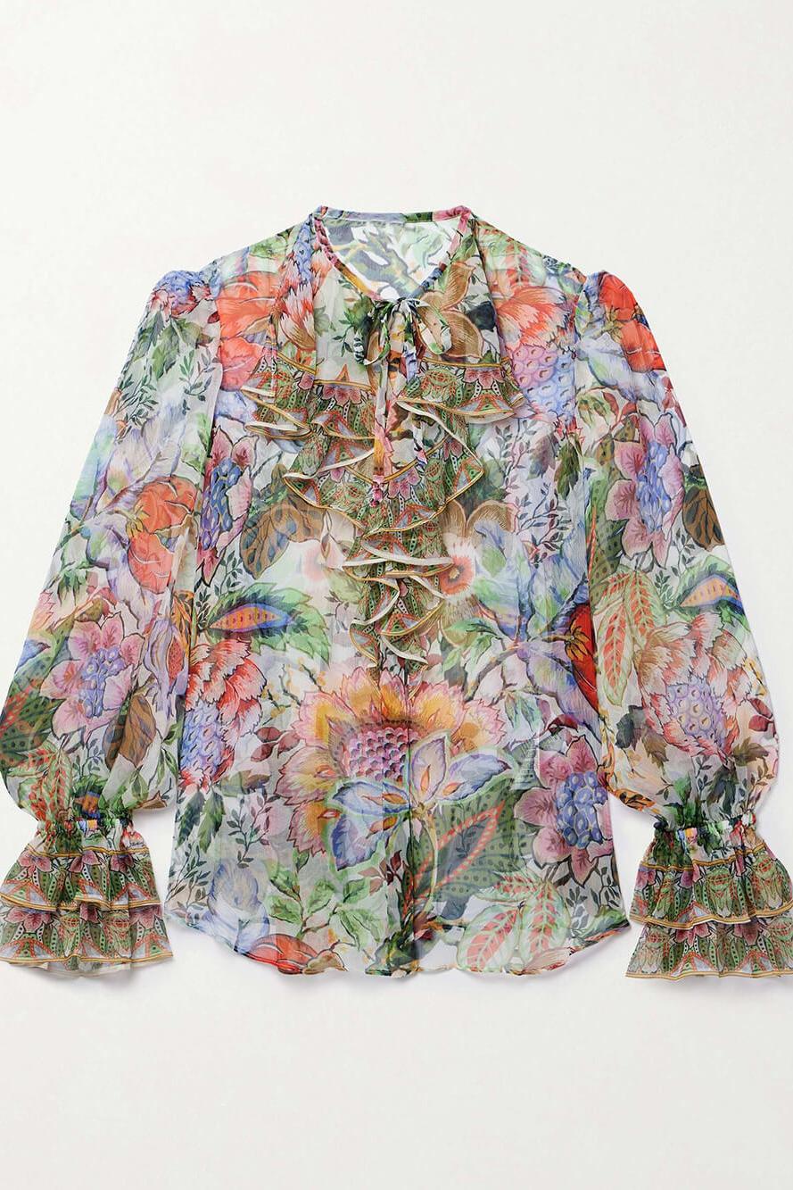 Ruffled Floral-Print Chiffon Blouse