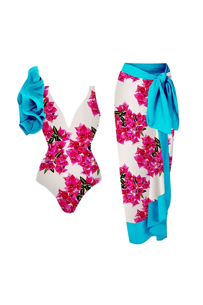 Floral Ruffle One Piece Swimwear Set